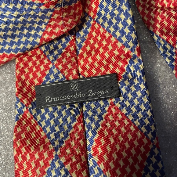 Ermenegildo Zegna Silk Tie Patriotic Red White & Blue Houndstooth Made in Italy - Picture 3 of 6